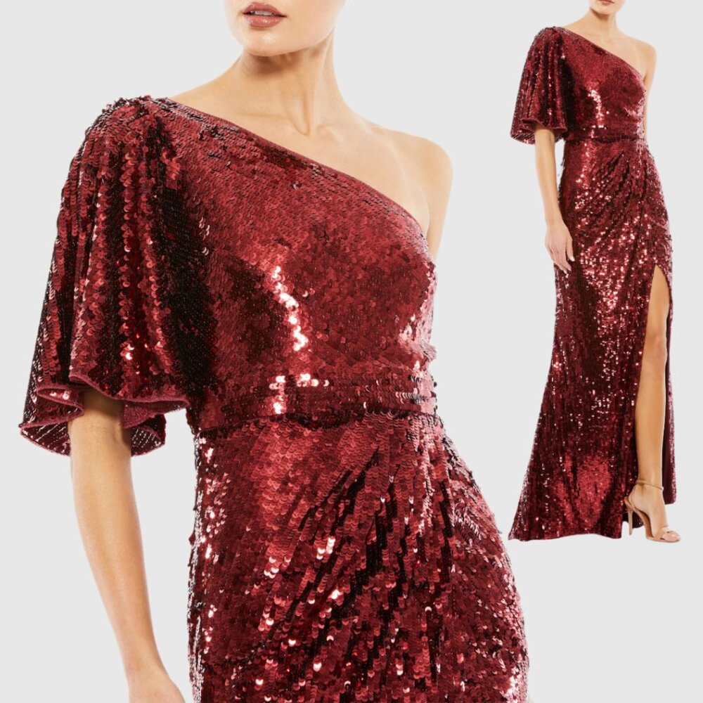 Mac Duggal 93540 Size 2 Burgundy Red Sequined One Shoulder Long Maxi Gown Dress
